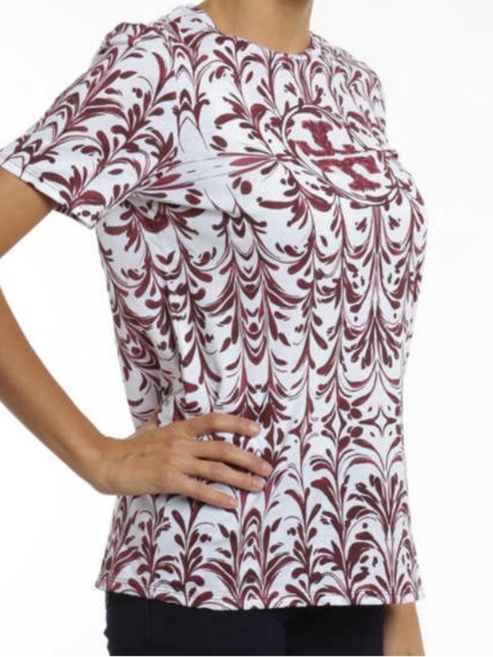 Tory Burch Cotton Print Short-Sleeve Printed Tee Burgundy Maroon Wine EUC Logo